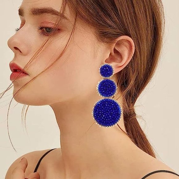 Cobalt Blue Beaded Triple Tier Earrings Bohemian Big Bold Boho Statement New - Picture 4 of 9